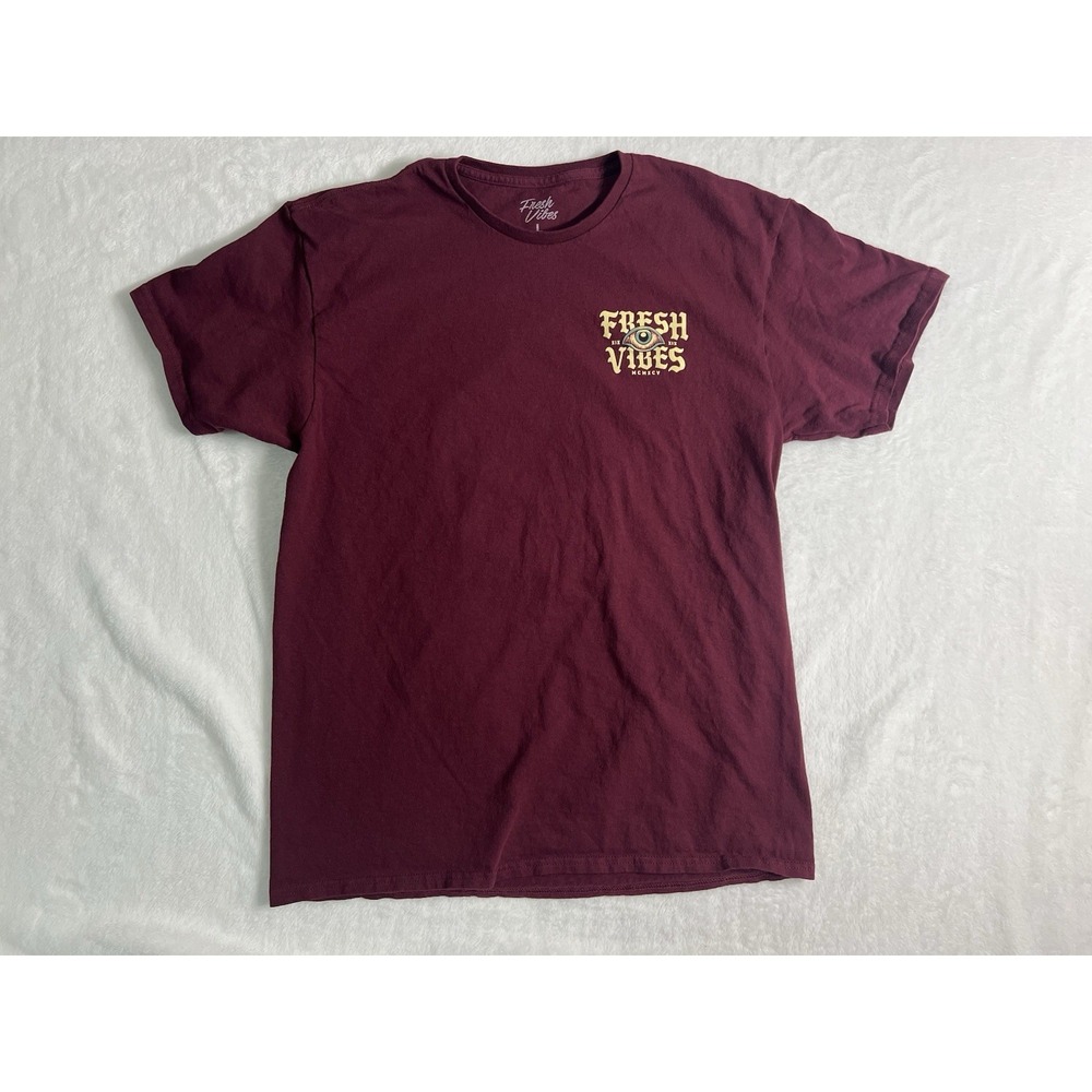 Fresh Vibes Maroon Eye Palm Tree Graphic Crew Neck Short Sleeve Cotton T-Shirt L